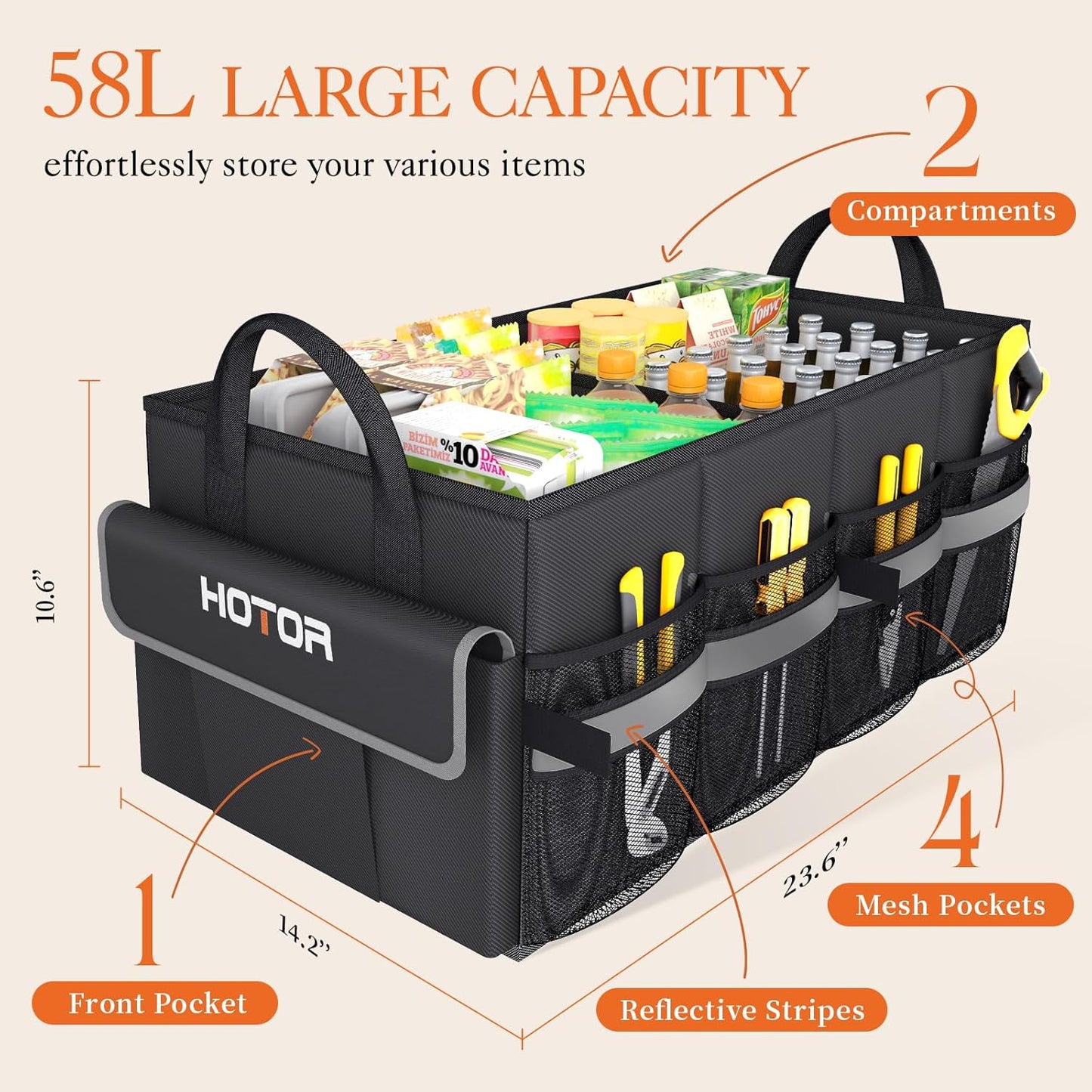 HOTOR Trunk Organizer - Car Organizer with 5 Pockets, Trunk organizer for SUV, Sedan & Van, Car Organization with Sturdy Base Panel for Car Accessories, Black, 2 Compartments, 21.3"×12.6"×10.6"