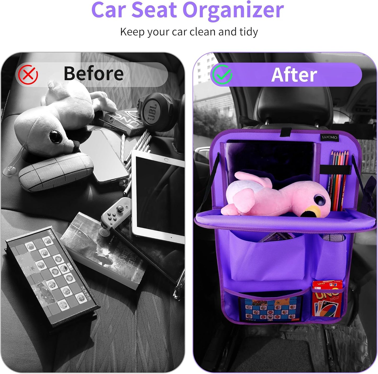 LUCMO Car Backseat Organizer with Tablet Holder,6 Storage Pockets Car Storage Organizer with Foldable Food Tray,Protectors Kick Mats Travel Accessories-Black