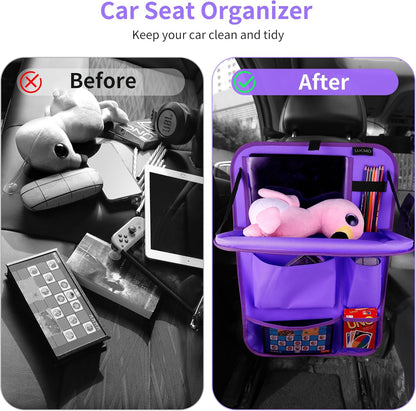 LUCMO Car Backseat Organizer with Tablet Holder,6 Storage Pockets Car Storage Organizer with Foldable Food Tray,Protectors Kick Mats Travel Accessories-Black