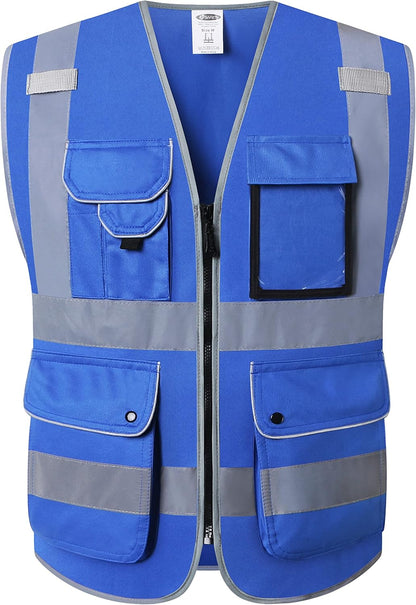JKSafety 9 Pockets Class 2 High Visibility Zipper Front Safety Vest With Reflective Strips,Meets ANSI/ISEA Standard (Large, 150-Yellow) - Colors A