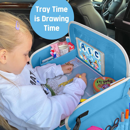 MENZOKE Kids Travel Tray for Toddler Car Seat, Road Trip Activities for Kids with iPad Holder Stand & Dry Erase Board, Road Trip Essentials Accessories Lap Tray as Travel Gifts for Kid, Pink