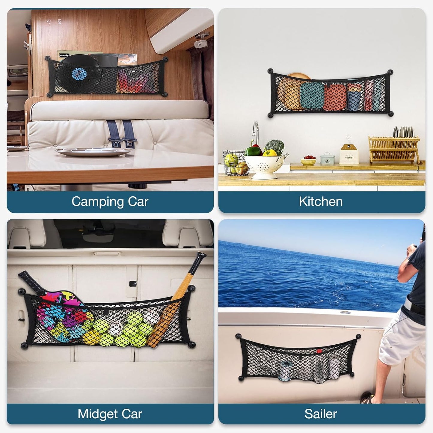 TOBWOLF Universal Mesh Cargo Net With Tape Stickers, 25x40cm / 9.8x15.7in, Elastic Car Storage Net, RV Netting Pocket, Wall Sticker Add-on Pouch Bag for Car Trunk