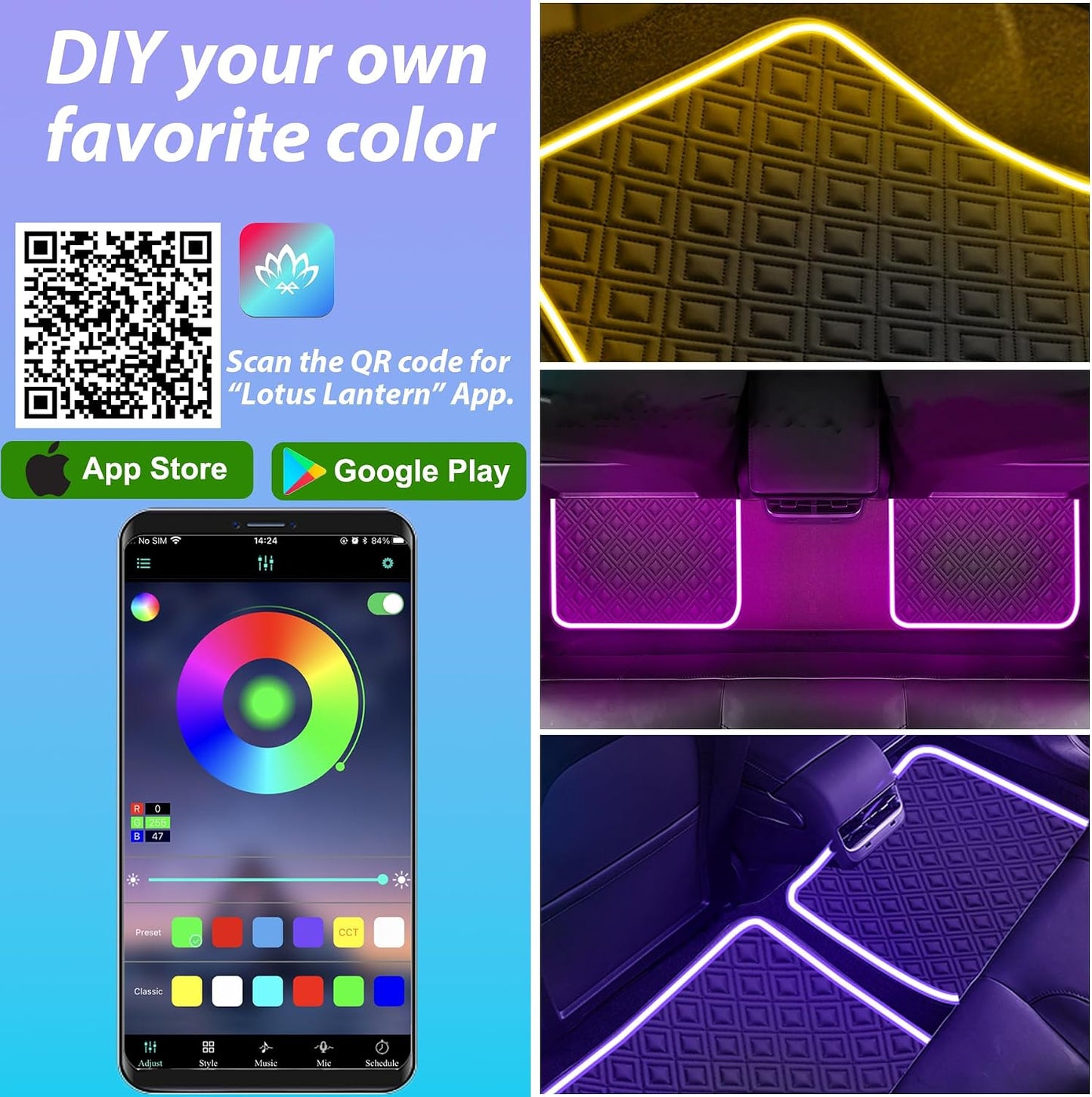 Soft Car Floor Mats With Led Strip Light, Universal Fit Black Automotive Carpet, App Control Interior Car Lights Floor Mats, Anti-Slip Waterproof RGB Car Decor Accessories For SUV, Trucks, Sedan,Jeeps
