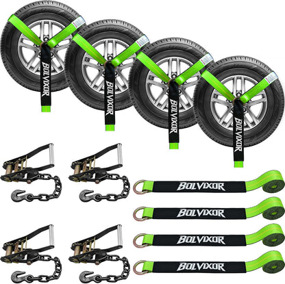 4 Pack Car Tie Down Straps for Trailers - 2" x 96" - 9900LBS Break Strength - Tire Ratchet Straps with Heavy Duty Chain Anchors for Hauling UTV, SUV, Truck, Any Cars