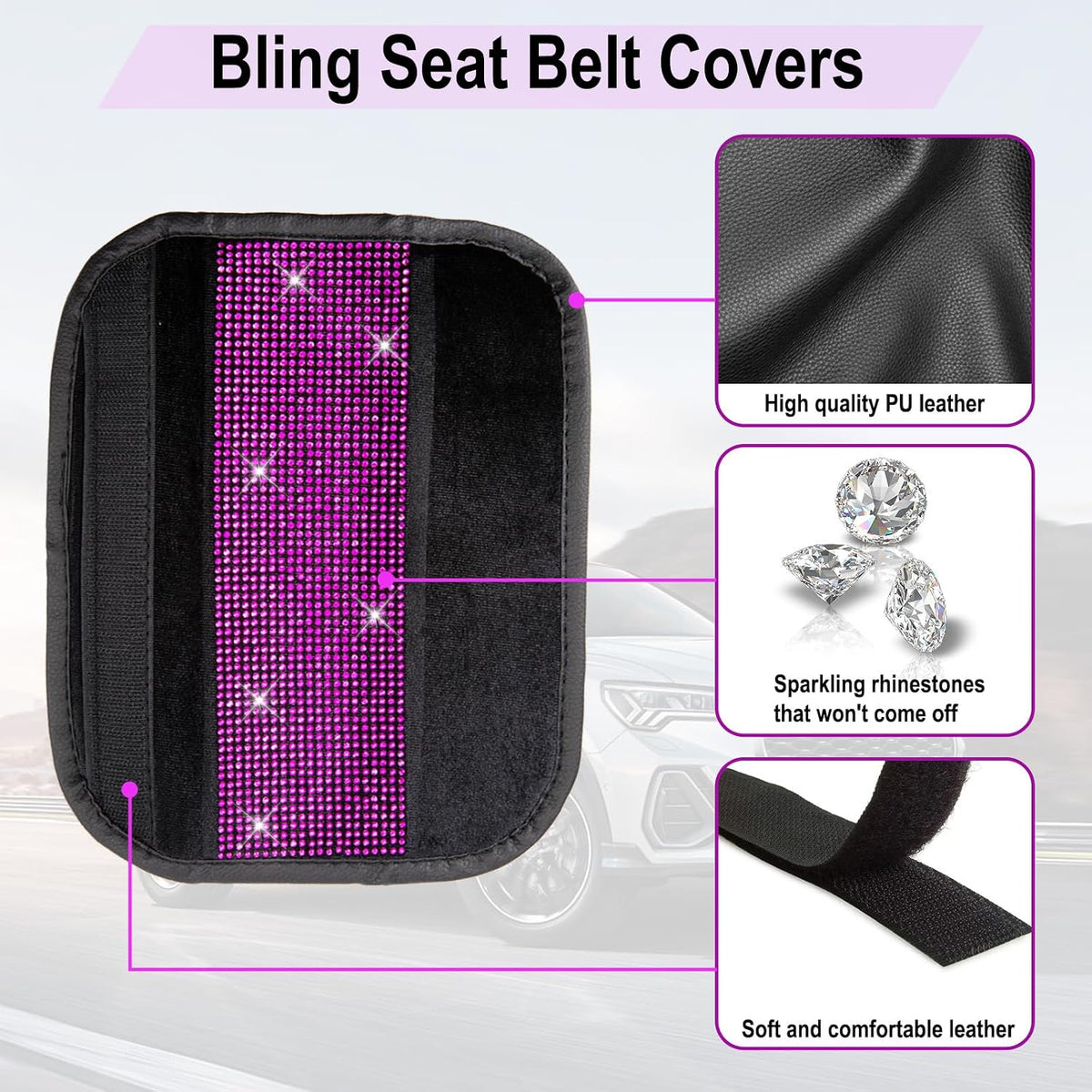 ecocstm 2 PCS Bling Car Seat Belt Shoulder Pads, Bling Seat Belt Covers with Bling Rhinestones, Car Accessories Seatbelt Strap Pad with Crystal Diamond for Car, Truck, SUV (White Diamond)