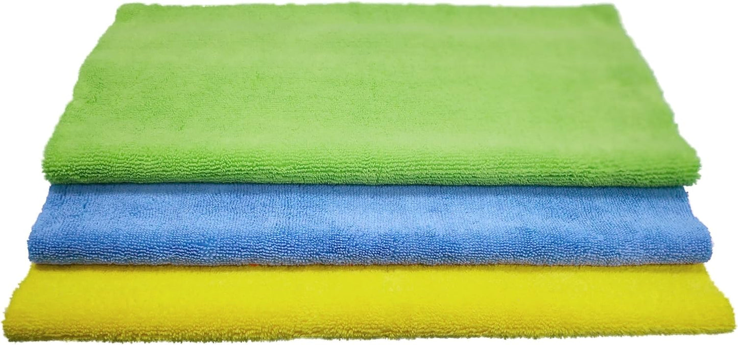 POLYTE Microfiber Cleaning Towel Ultrasonic Cut Edgeless (16x16, 24 Pack, Premium, Blue,Gray,Yellow)