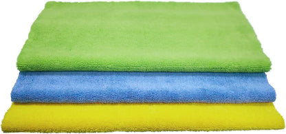 POLYTE Microfiber Cleaning Towel Ultrasonic Cut Edgeless (16x16, 24 Pack, Premium, Blue,Gray,Yellow)