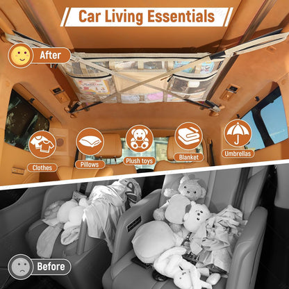 Car Ceiling Cargo Net with 2 Pockets,31.5"x21.6" Overhead Storage Mesh Organizer for SUV and Mini Van,Double Car Net for Road Trip Essentials,Camping Gear,Vehicle Roof Storage,Beige
