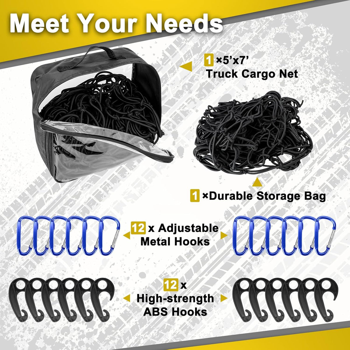 Cargo Net 4' x6' Stretches to 8' x 12' Truck Cargo Net for Pickup Truck Bed- Small 4"x4" Mesh Grid Super Duty Bungee Heavy Duty Bed Netting with 12 Adjustable Metal Carabiners by Cenipar