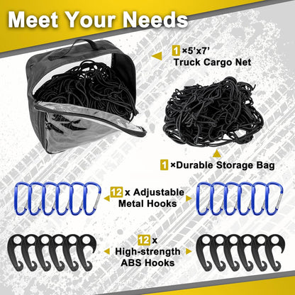 Cargo Net 4' x6' Stretches to 8' x 12' Truck Cargo Net for Pickup Truck Bed- Small 4"x4" Mesh Grid Super Duty Bungee Heavy Duty Bed Netting with 12 Adjustable Metal Carabiners by Cenipar