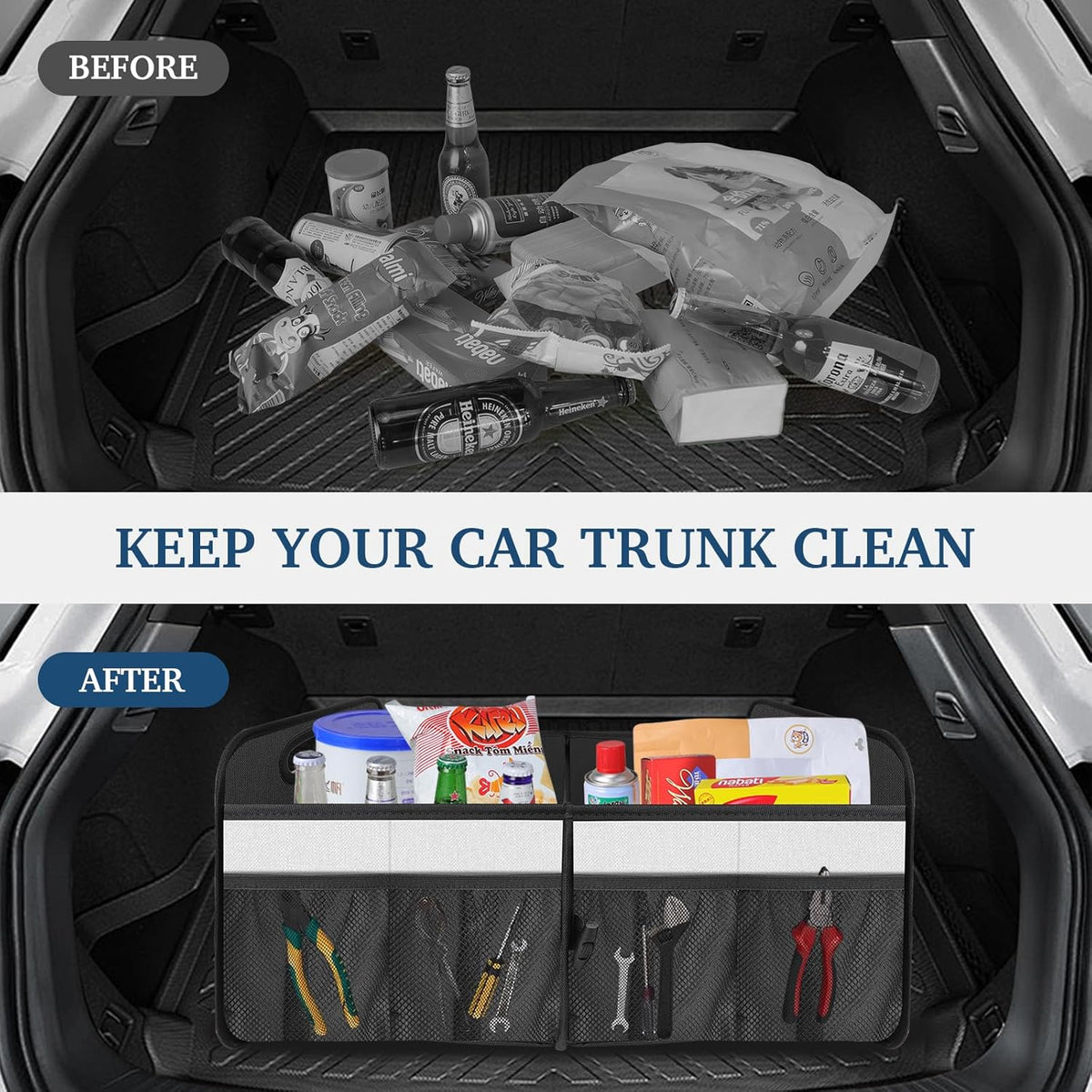 Femuar Car Trunk Organizer with Large Capacity Waterproof Car Accessories for Women & Men, Collapsible Trunk Organizer for Suv/Jeep/Sedan,Tools (Black, Standard)