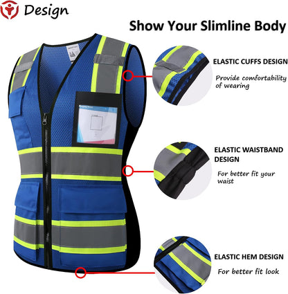 Reflective High Visibility Safety Vest for Men Women with Pockets Zipper Front Meets ANSI/ISEA Standards