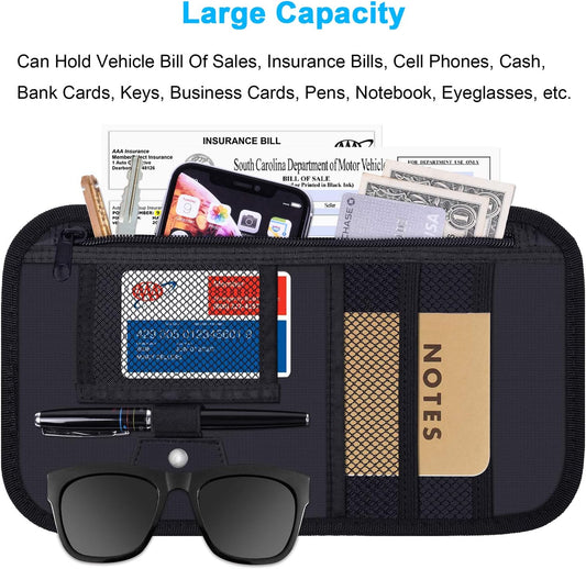 Car Sun Visor Organizer, Wisdompro Vehicle Interior Accessories Storage Pouch Auto Registration Holder with Elastic Strap for Sunglass, Documents, Cards, Pen, Drivers License, etc. (Black)
