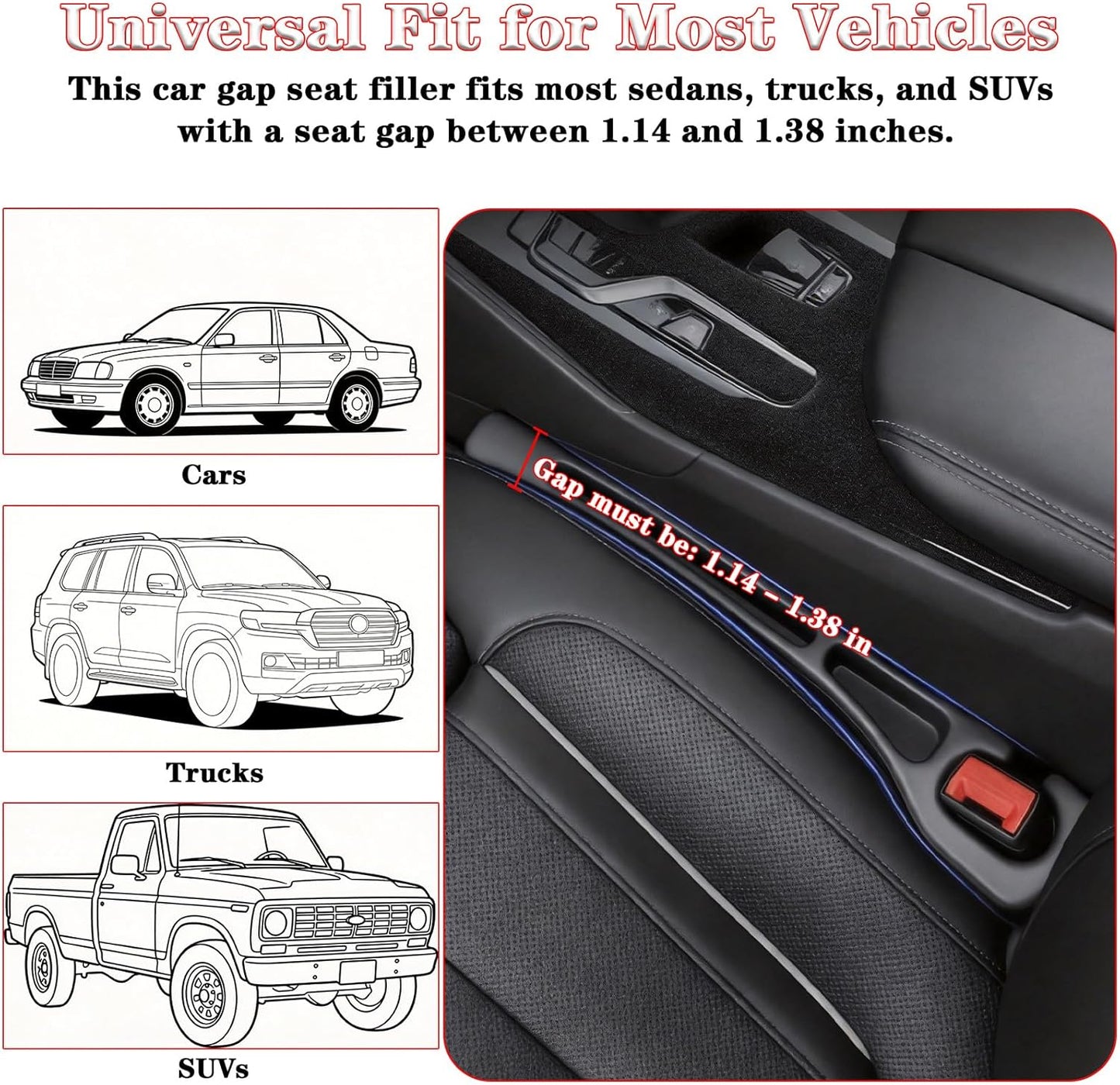 Car Seat Gap Filler Organizer of 2 – Universal Car Gap Seat Filler with Storage Pockets, No Drop Seat Guard for Phones, Keys & Cards, Car Accessories for Most Cars Trucks SUVs (Black)