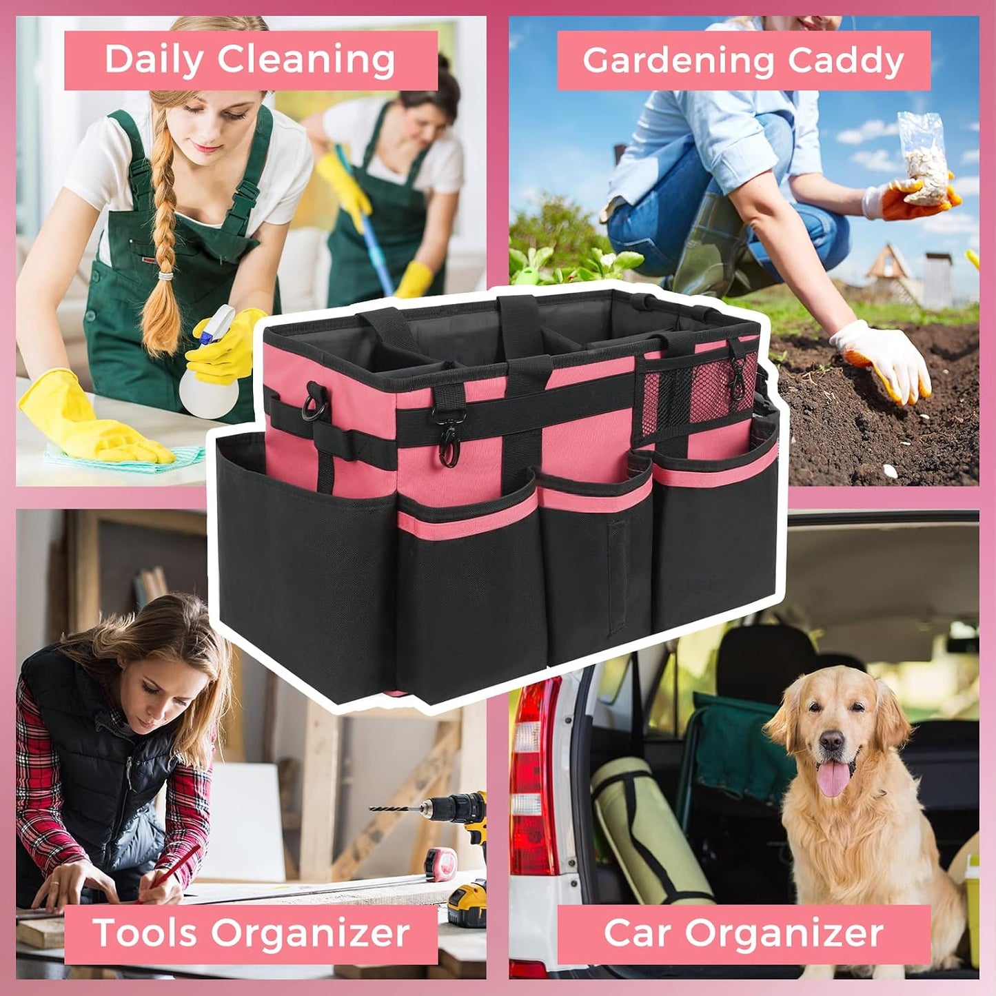 SCAVATA Wearable Cleaning Caddy Organizer with Handle & Shoulder Straps for Housekeepers, Under Sink & Car Cleaning Tool Organizer Bag with 4 Foldable Dividers (Green)