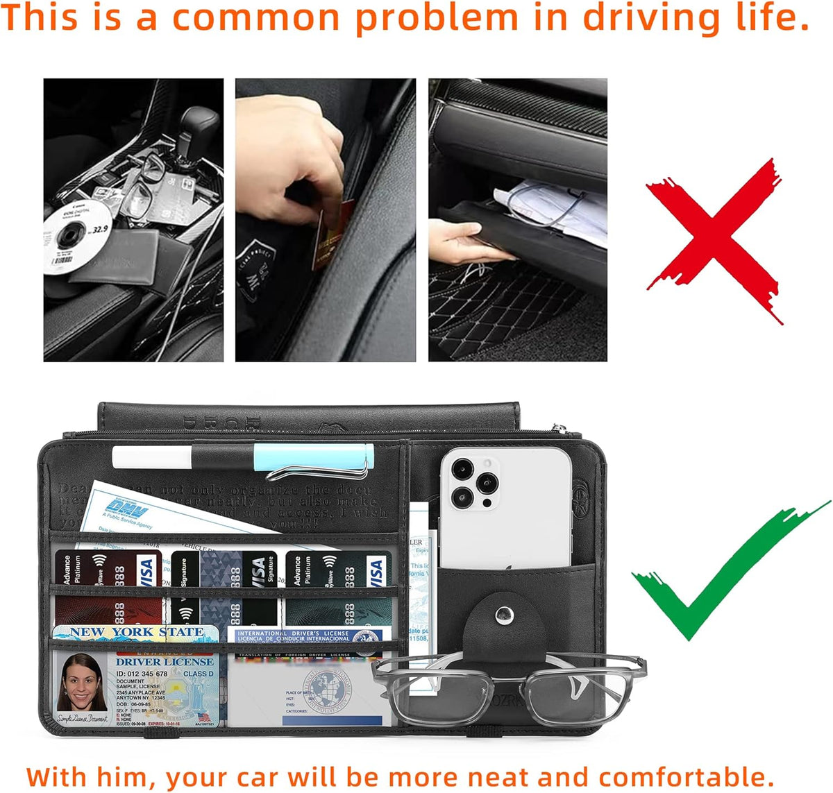 Leather Car Sun Visor Organizer for Cars, Trucks & SUVs: Features Sunglasses Holder, Secure Zipper Pockets, and 6 Clear Windows for Registration, Driver's License, and Insurance Card（black）