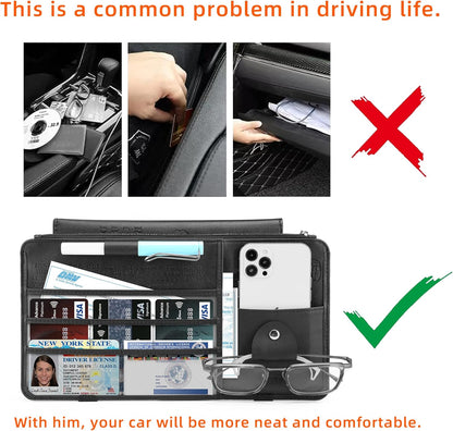 Leather Car Sun Visor Organizer for Cars, Trucks & SUVs: Features Sunglasses Holder, Secure Zipper Pockets, and 6 Clear Windows for Registration, Driver's License, and Insurance Card（black）
