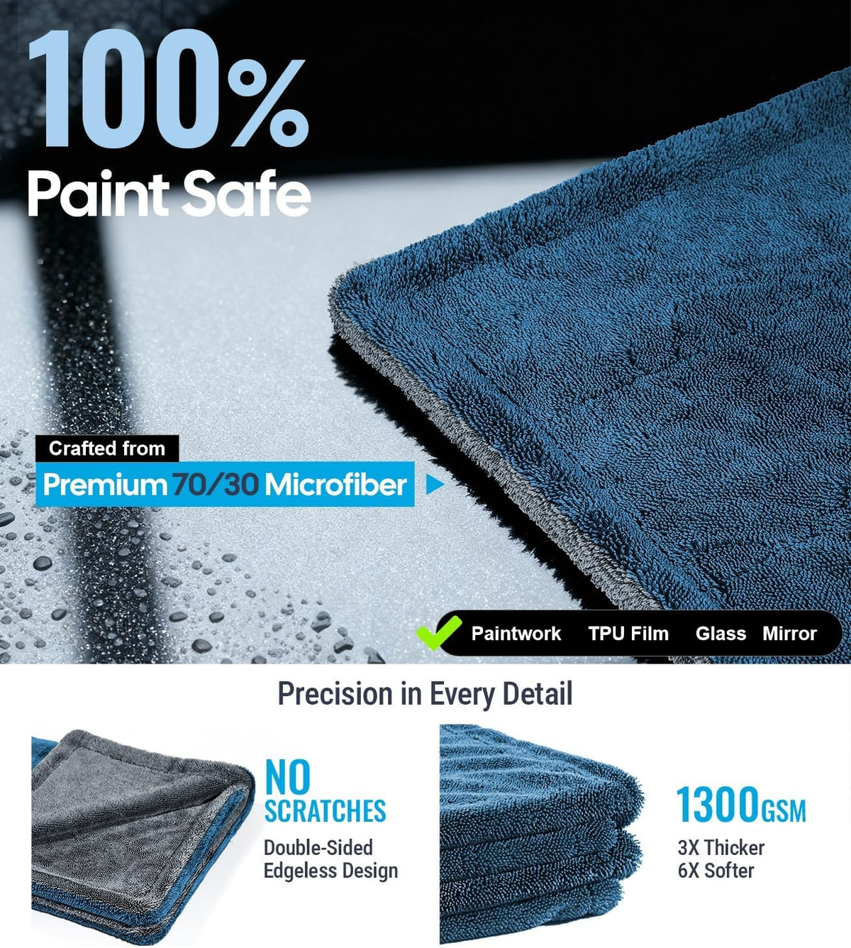 Wigoo Premium Microfiber Car Drying Towel 1300 GSM, 36" x 24" [Ultra-Absorbent, Streak-Free] Dual-Sided Edgeless Cleaning Towels with Twisted Loop, for Auto Detailing, Cars, SUV, Truck (2 Sizes)