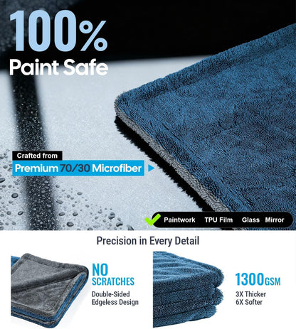 Wigoo Premium Microfiber Car Drying Towel 1300 GSM, 36" x 24" [Ultra-Absorbent, Streak-Free] Dual-Sided Edgeless Cleaning Towels with Twisted Loop, for Auto Detailing, Cars, SUV, Truck (2 Sizes)