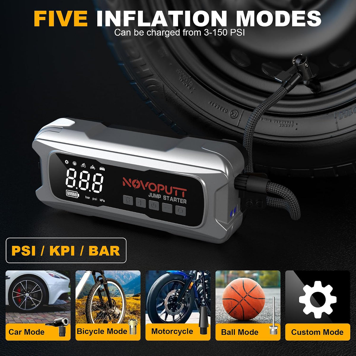 6000A Jump Starter with Air Compressor, PD 65W Fast Recharging,Portable Car Battery Jumper Starter for All Gas &10.0L Diesel, Dual Cylinder Fast Inflator with Light,12V Battery Booster Emergency Kit