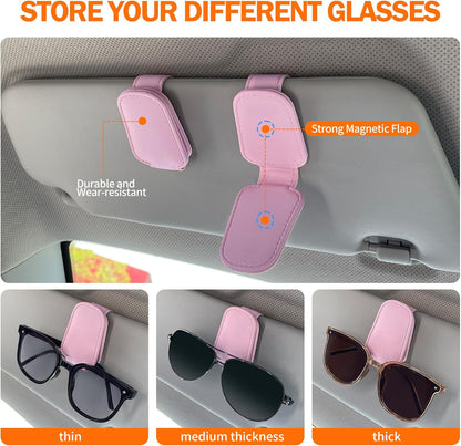 KIWEN Sunglasses Holders for Car Visor, Magnetic Leather Glasses Eyeglass Clip for Car, Ticket Card Clip Sunglasses Mount, Car Visor Accessories Gadgets (1, Black)
