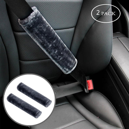 Amooca Soft Faux Fur Universal Fit Seatbelt Cover Car Truck SUV Airplane Seat Belt Shoulder Pad for Carmera Backpack Straps Neck Cushion Protector 2 Pack 10.5in Dark Gray