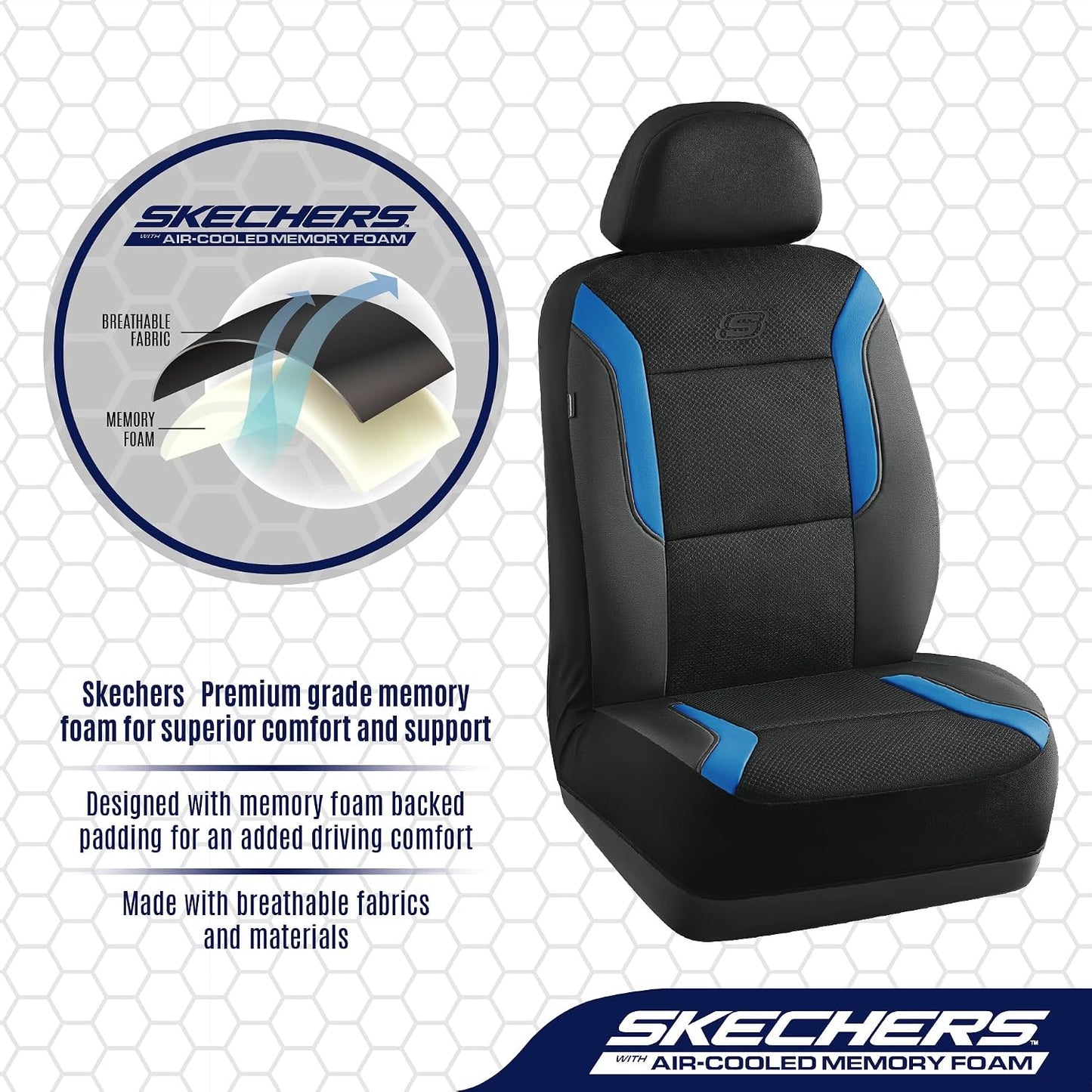 Skechers Memory Foam Seat Covers, Air Cool Mesh Thick Car Seat Covers, Car Seat Covers Front Seats Airbag Compatible, Universal Automotive Comfort for Most Cars, Vans, Trucks, SUV,Black