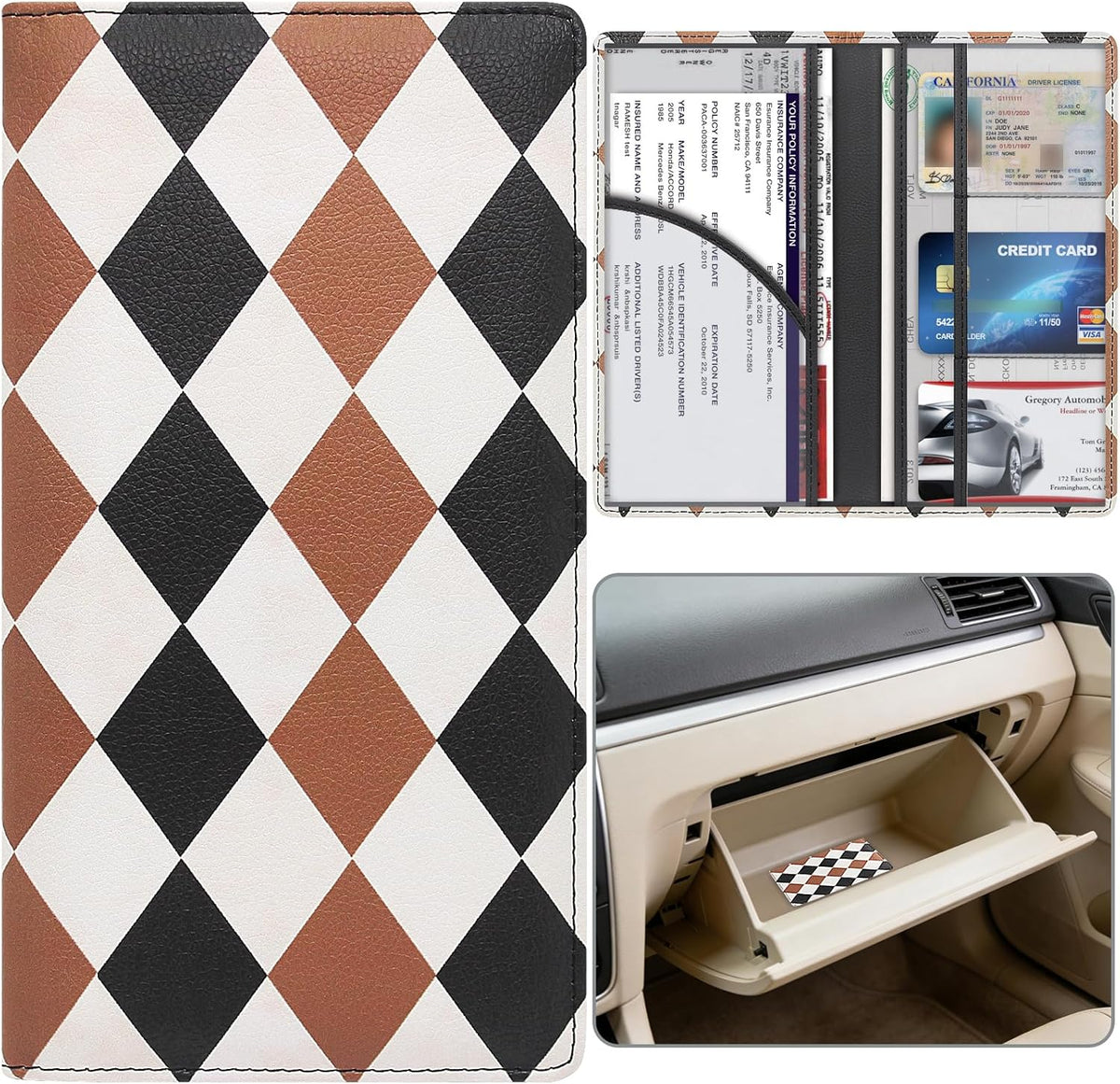Car Registration and Insurance Holder, Premium Pu Leather Vehicle Glove Box Organizer - for Driver License, Cards & Essential Documents (L-Orange)