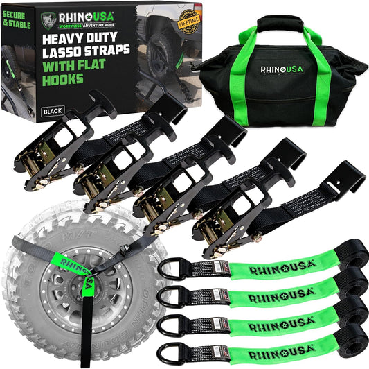 Rhino USA Car Tie Down Straps with J Hooks – 4 Pack 2" x8' – 10,000lbs Break Strength – Heavy Duty T-Handle Car Hauler Tire Lasso Wheel Straps for Trailers, UTV & Powersports – Black