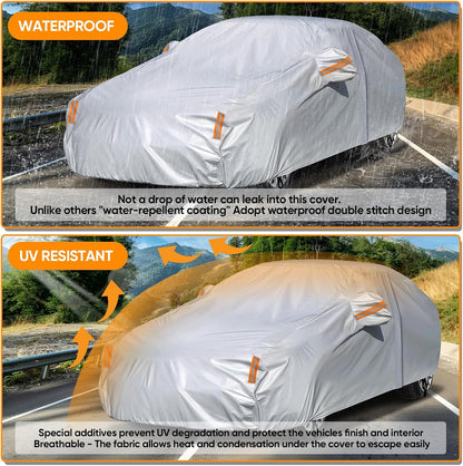 NEVERLAND Sedan Car Cover Waterproof Heavy Duty All Weather Protection Snow Anti-UV Windproof Outdoor Full Car Cover Fit for Automobiles BMW/Mercedes-Benz/Honda（for Car Size:183''L x 70''W x 59''H）
