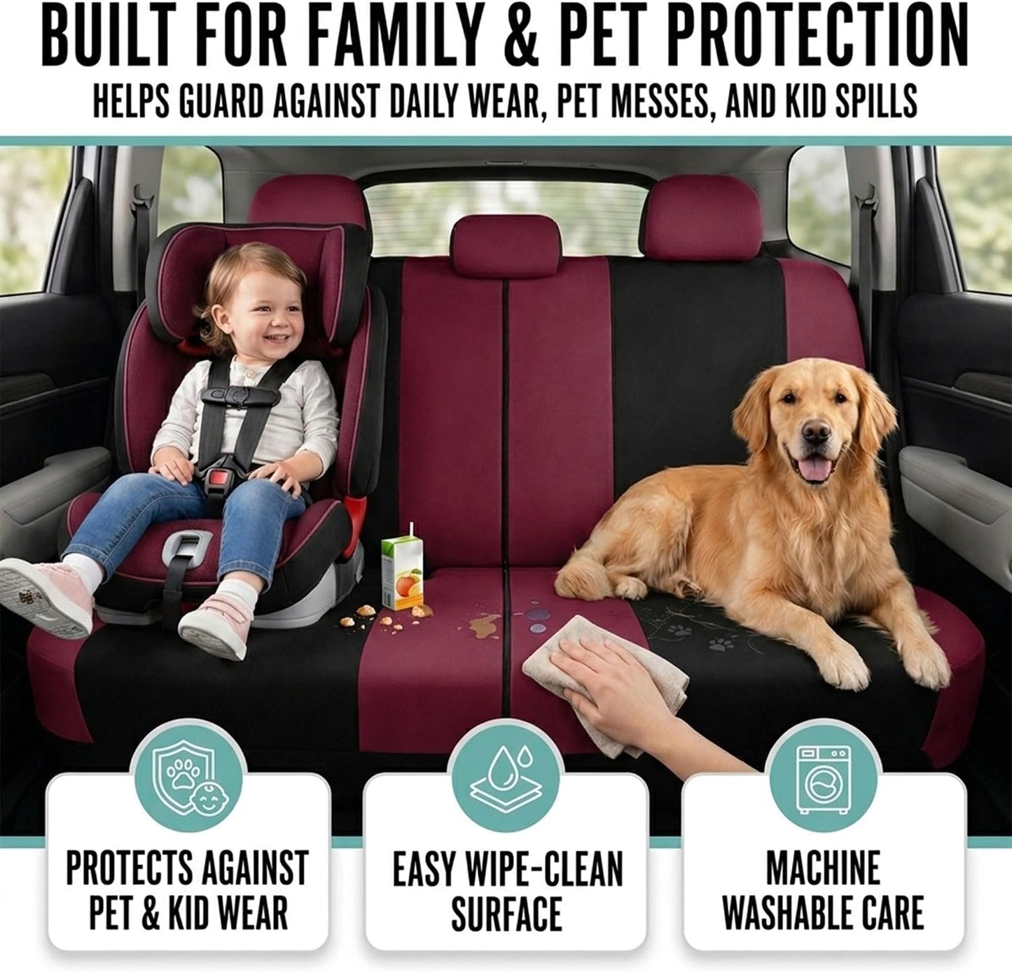 FH Group Full Set Cloth Car Seat Covers, Universal Fit Front and Split Bench Rear, Airbag Compatible, Washable for SUV, Sedan, Van - Black