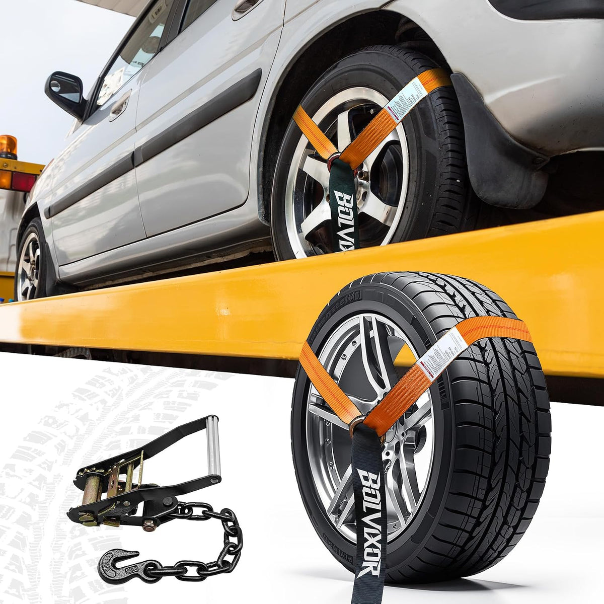 4 Pack Car Tie Down Straps for Trailers - 2" x 96" - 9900LBS Break Strength - Tire Ratchet Straps with Heavy Duty Chain Anchors for Hauling UTV, SUV, Truck, Any Cars