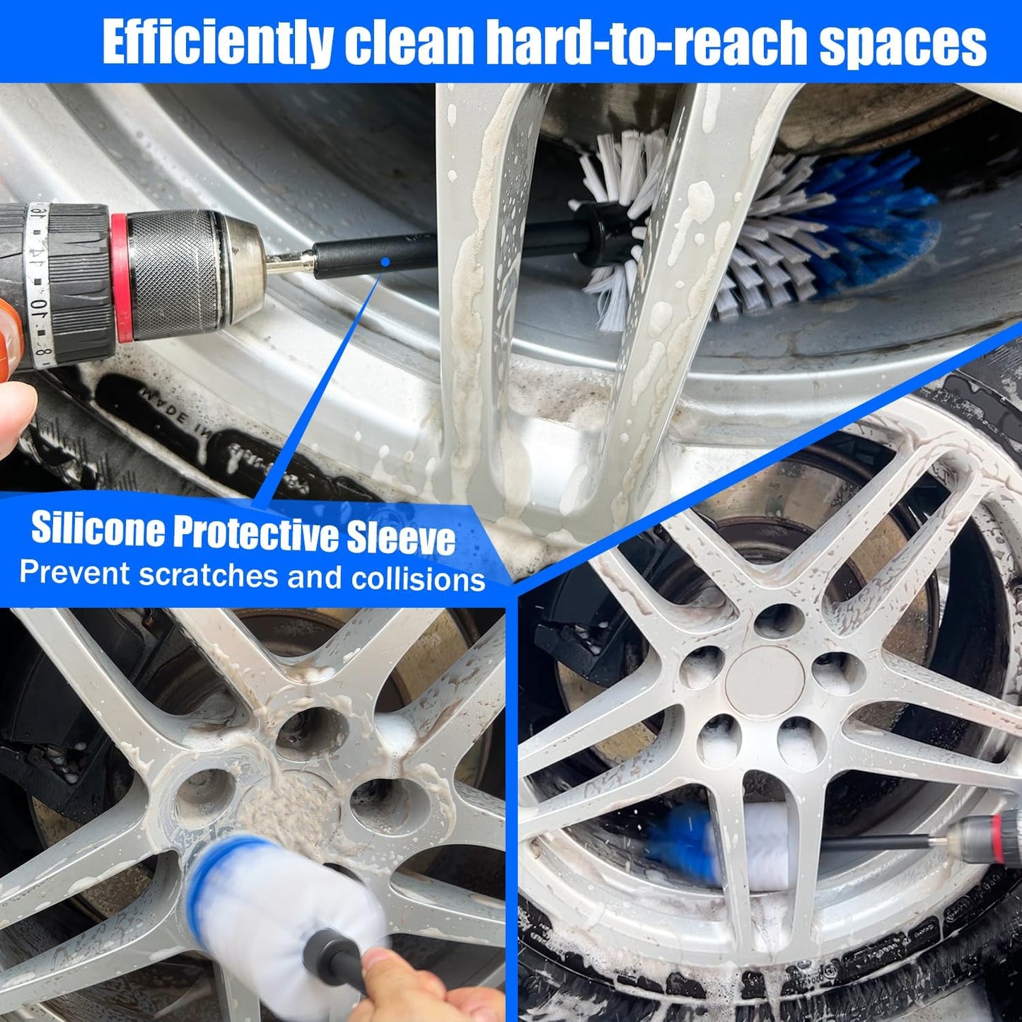 Car Wheel Brush Kit, Soft Drill Wheel Cleaner Brush, Tire Brush, Detailing Brush, and Detailing Pads, No Scratches Car Wheel Cleaning Kit for Wheels, Tires, Rims, Engines, Exhaust(Blue+White, 6 Pack)