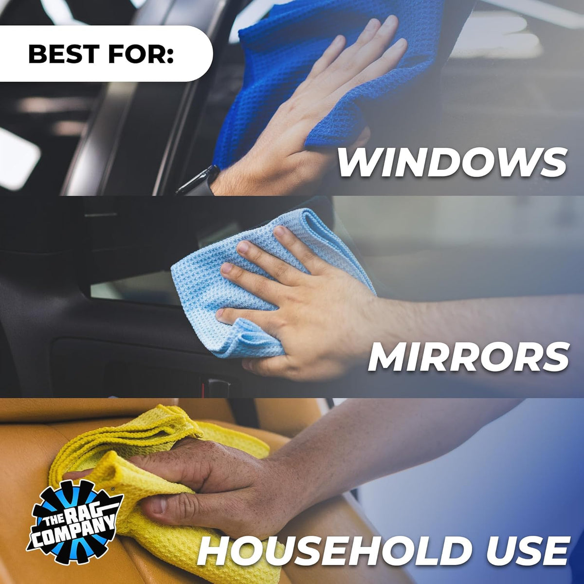 The Rag Company - Standard Waffle Weave Towels, Microfiber Detailing, Window/Glass and Drying, Wax & Polish, Lint-Free, Streak-Free, 370gsm, 16in x 16in, Light Blue (3-Pack)