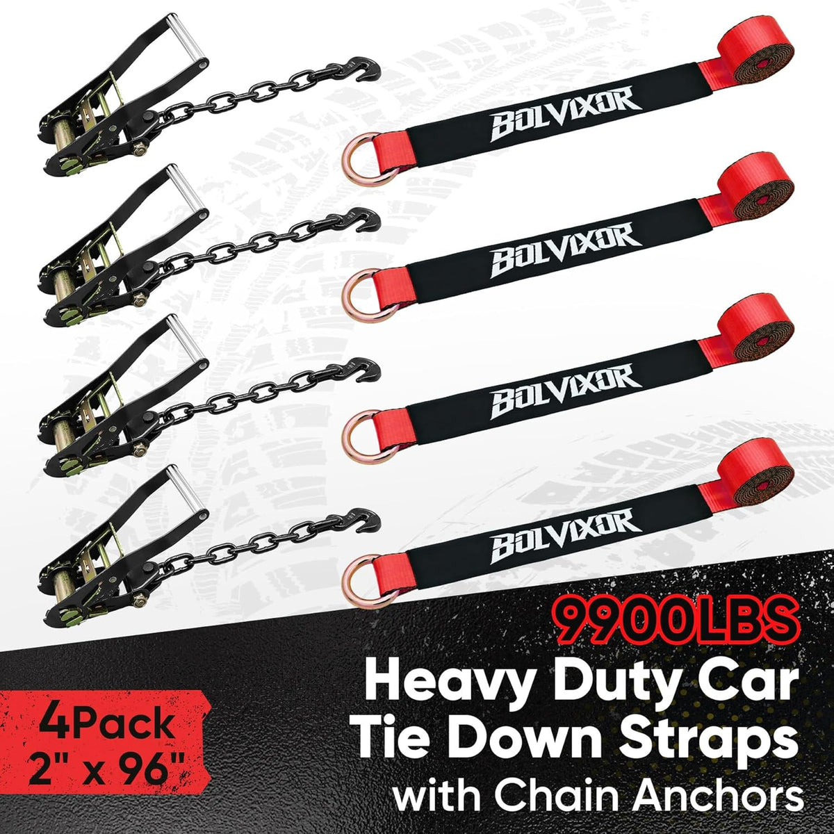 4 Pack Car Tie Down Straps for Trailers - 2" x 96" - 9900LBS Break Strength - Tire Ratchet Straps with Heavy Duty Chain Anchors for Hauling UTV, SUV, Truck, Any Cars