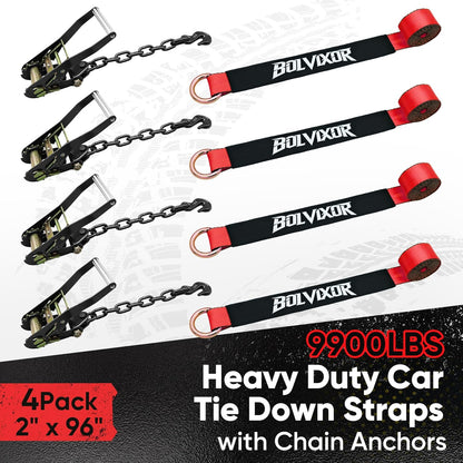 4 Pack Car Tie Down Straps for Trailers - 2" x 96" - 9900LBS Break Strength - Tire Ratchet Straps with Heavy Duty Chain Anchors for Hauling UTV, SUV, Truck, Any Cars