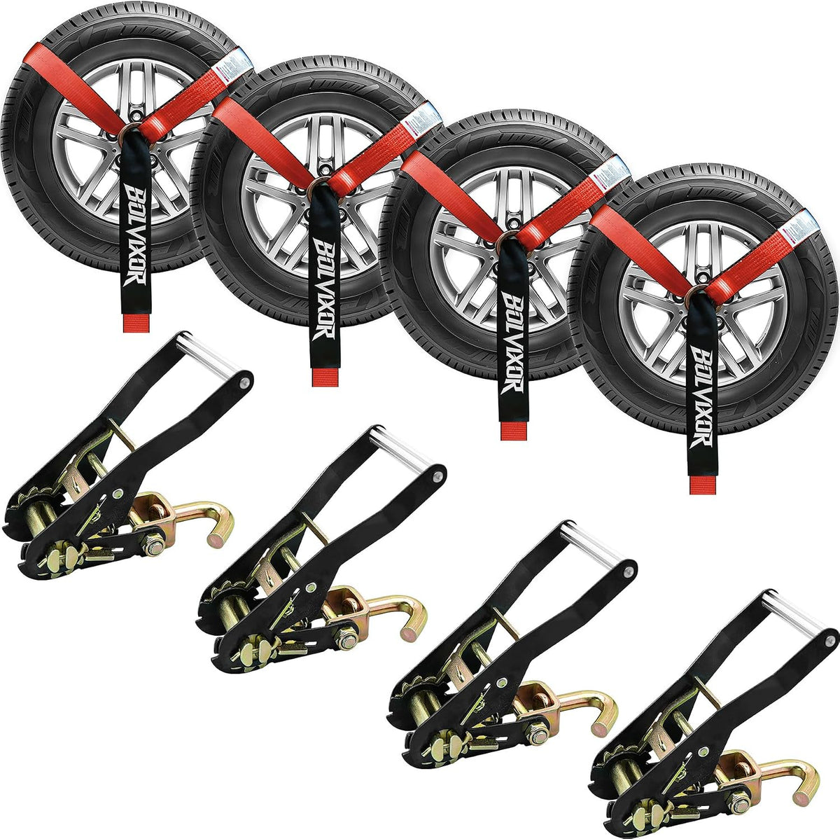 4 Pack Car Tie Down Straps for Trailers 2" x 96" - 9900LBS Break Strength - Tire Ratchet Straps with J Finger Hooks for Hauling UTV, SUV, Truck, Any Cars
