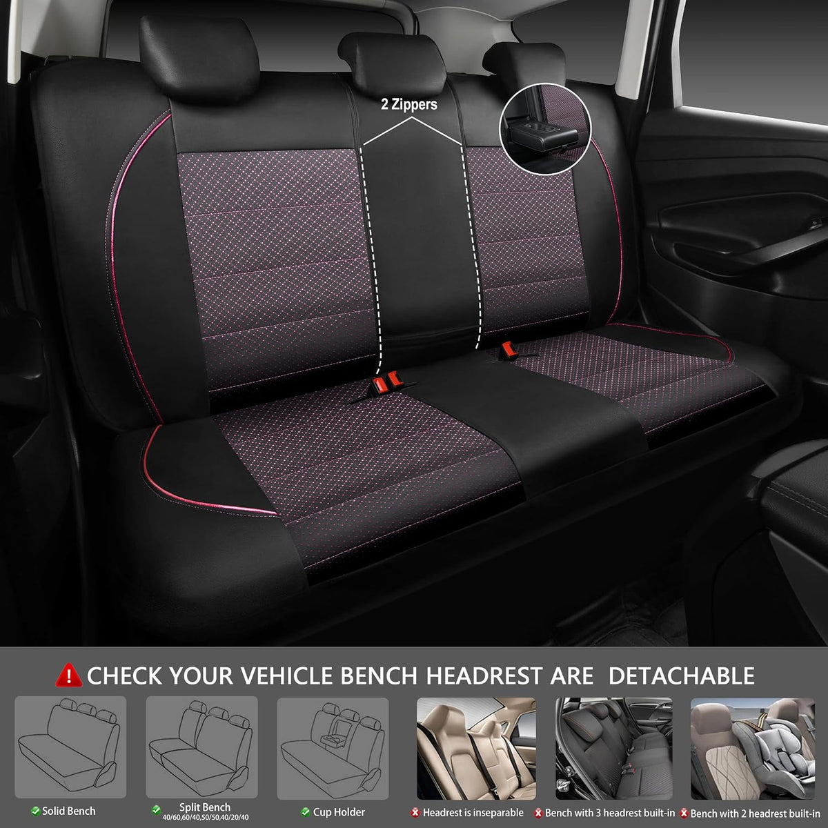 CAR PASS Universal FIT Piping Leather Two Front Seat Covers, Waterproof Faux Leather for SUV Sedan Van Truck, Airbag Compatible,Reserved Opening Holes for Headrest Covers. (Black red)