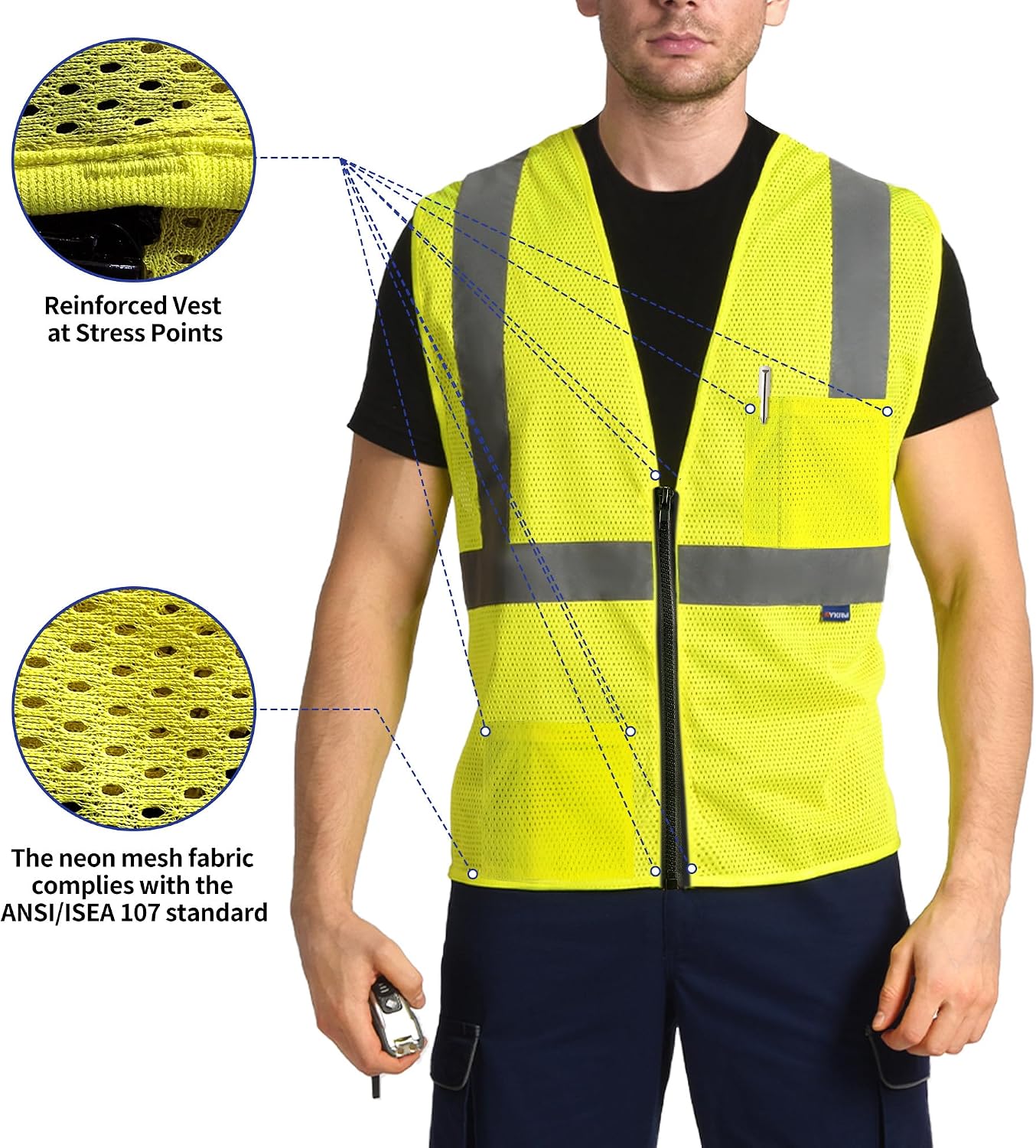 AYKRM 2 Pocket Mesh High Visibility Reflective Safety Vest for men & Women ANSI/ISEA 107 Standards