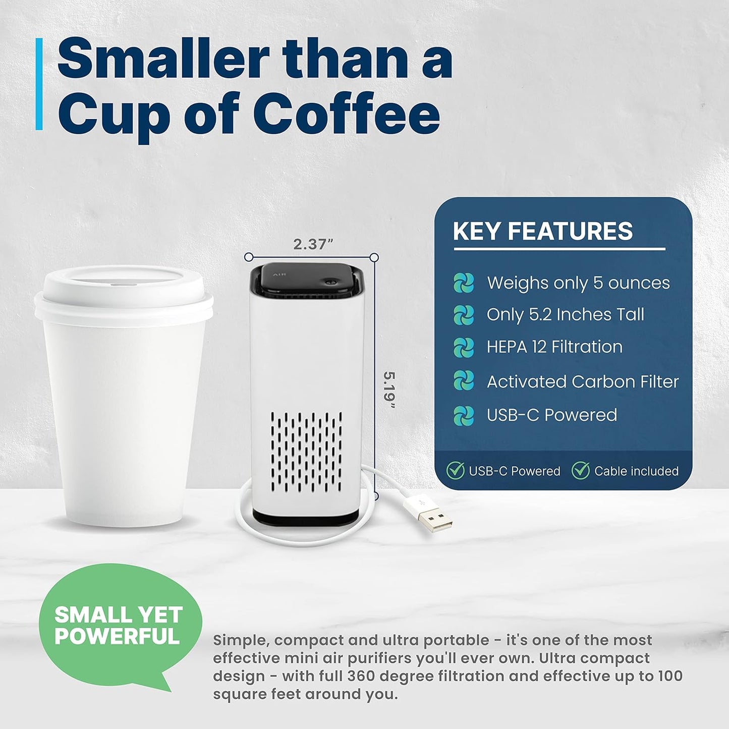 A1 2021 Mini HEPA USB-C Powered Air Purifier. Ultra Portable (5.2in tall, 6.7 ounces), Ultra Quiet. for Travel, In-Car and Desktop (White)