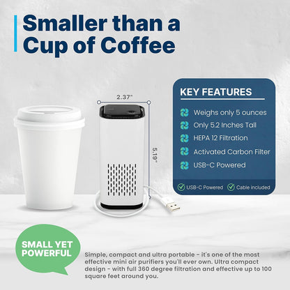 A1 2021 Mini HEPA USB-C Powered Air Purifier. Ultra Portable (5.2in tall, 6.7 ounces), Ultra Quiet. for Travel, In-Car and Desktop (White)