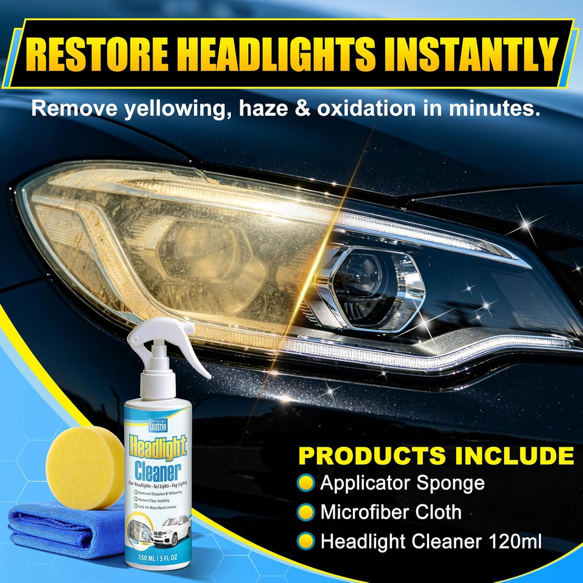 Headlight Cleaner & Restorer Kit – Instant Oxidation, Yellowing & Road Grime Remover – Revives Cloudy Headlamps to Crystal Clear – Includes Sponge & Towel – 5oz/150ml for Cars, Trucks & SUVs