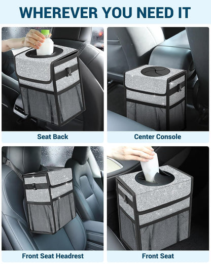 Capolo Car Trash Can with Lid, Leakproof Car Trash Bag Hanging Waterproof Automotive Garbage Can with Storage Pockets Mini Vehicle Trash Bin for Back/Front Seat(Black,2.5 Gallon)
