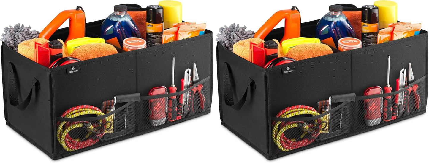 Handy Laundry Car Trunk Organizer – Large 2 Compartment Storage Bin with Non-Slip Fastener, Mesh Side Pockets & Heavy-Duty Handles, 22 x 10 x 11 in, Black – Prevents Shifting & Rolling