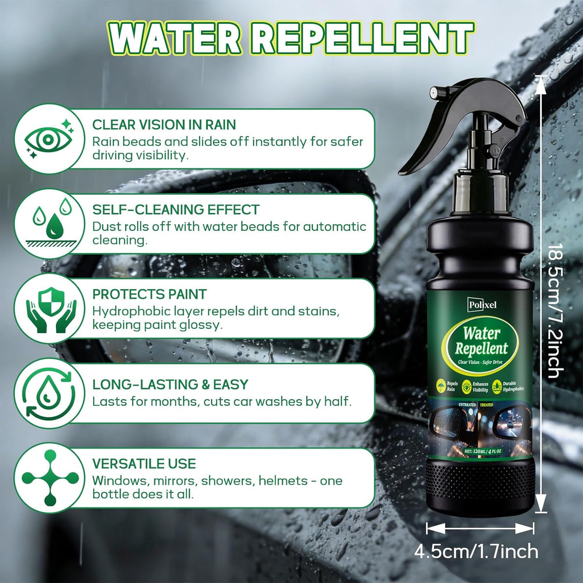 Water Repellent Spray for Car Windshield & Glass - Long Lasting Rain Repellent & Hydrophobic Coating for Windshield, Glass, Windows, Mirrors Prevents Streaks, Spots & Buildup - 4OZ/120ML