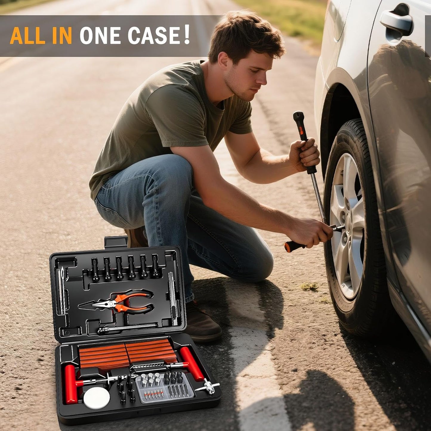 ORCISH Heavy Duty Tire Plug Kit - 70pcs All-in-One Universal Tire Repair Kit for Tubeless Flats, Emergency Tire Patch Kit for Car, Truck, SUV, ATV, Motorcycle, Trailer & RV