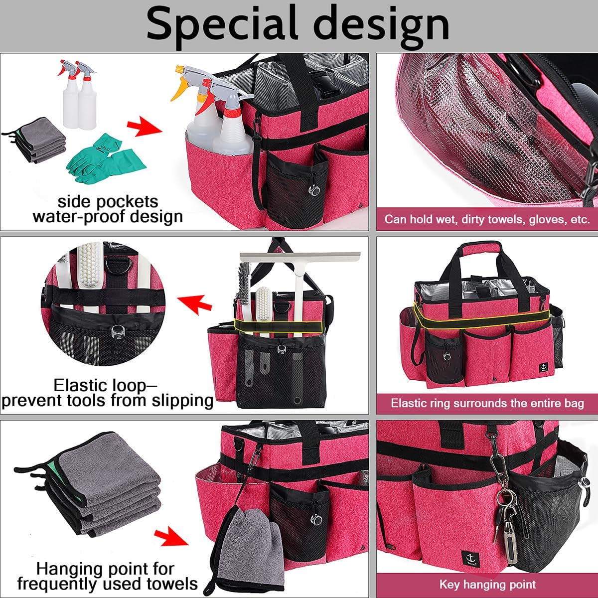 Large Cleaning Caddy Bag Built-in Sturdy Support Board, Cleaning Organizer with Detachable Divider, Cleaning Supply Tote with Adjustable Shoulder Strap&Waist Belt for Cleaners & Housekeeper