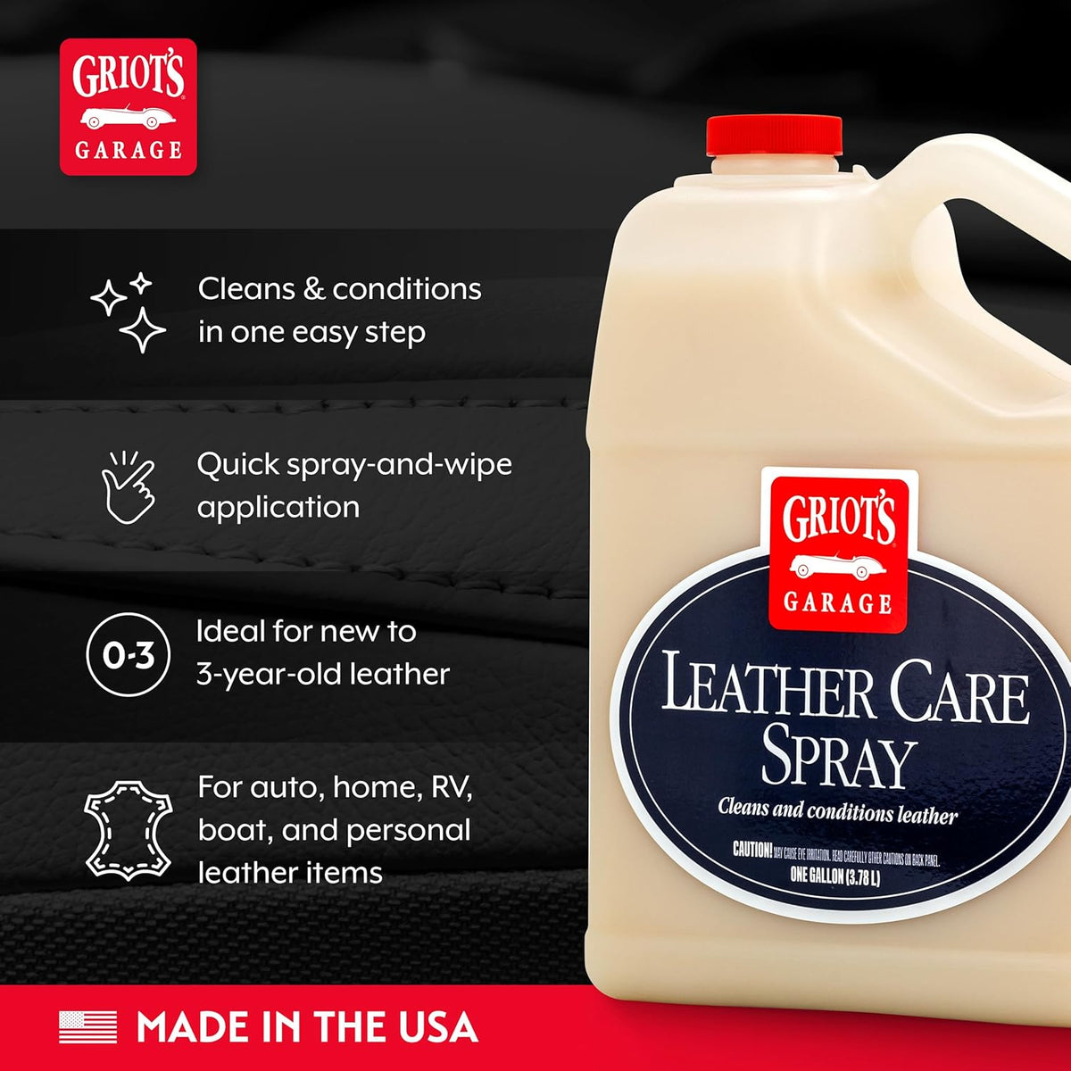 Griot's Garage Leather Care Spray, Car Seat Cleaner and Conditioner for Upholstery, Furniture, Clothing, and More, 10994, 22oz
