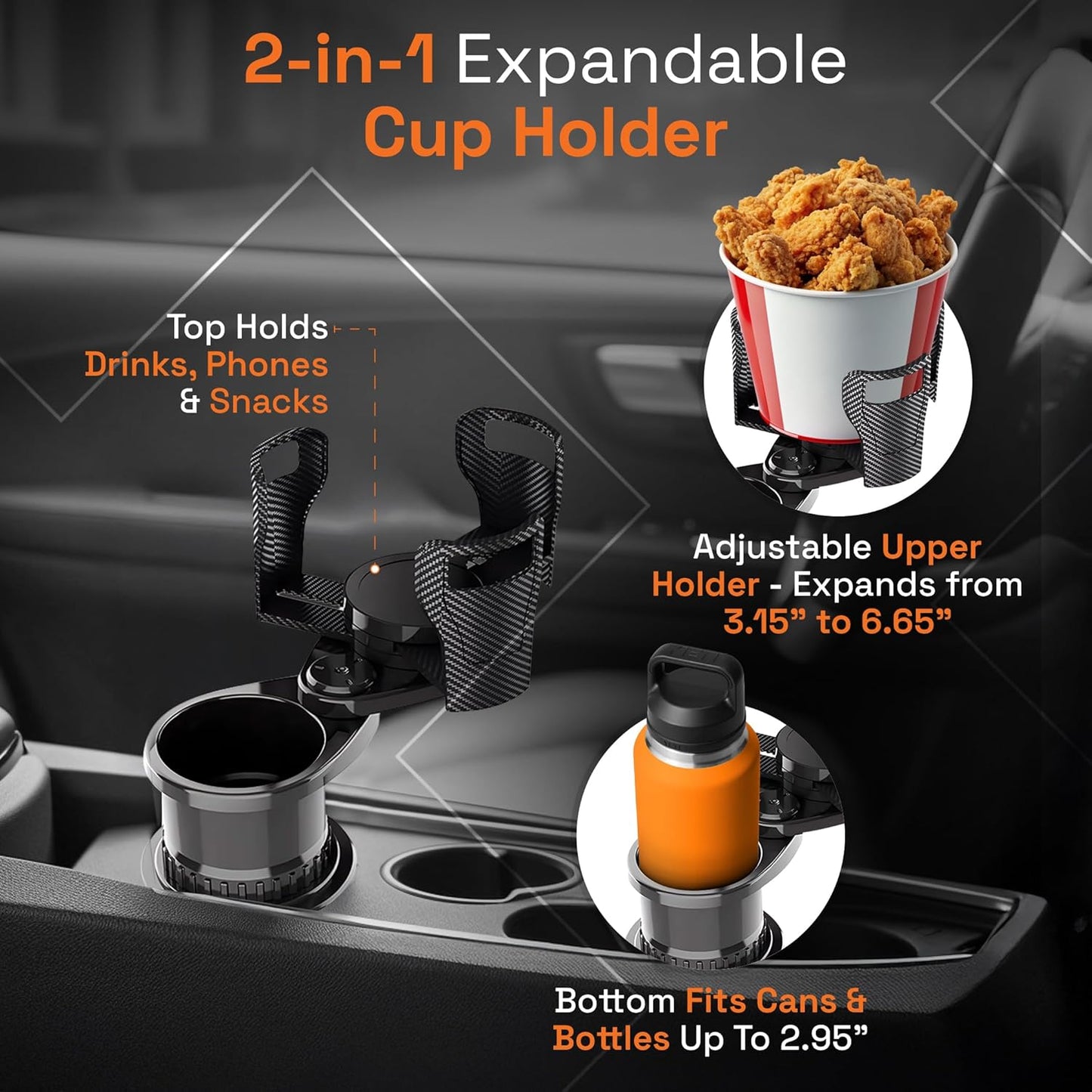 Car Cup Holder Expander 2 in 1, Expandable Cup Holder with Adjustable Base, The Upper Part Fits Yeti, Ramblers, Hydroflask, Other Large Bottles/Mugs, expandable to 3"-6.5"