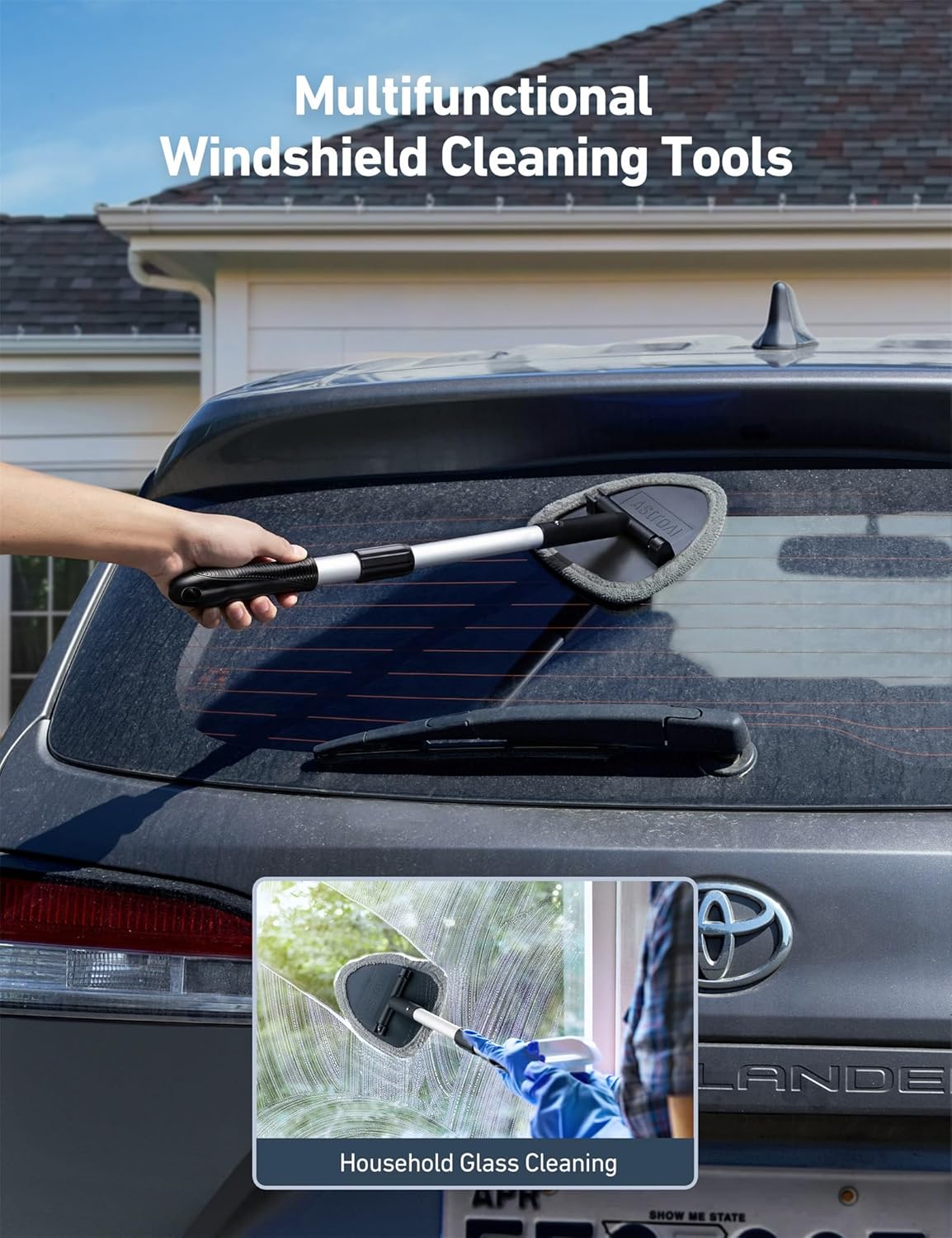 AstroAI 21" Windshield Cleaner Tool, Car Interior Detailing Cleaning Kit with Extendable Handle and 4 Upgraded High-Density Reusable Microfiber Pads, Auto Glass Wiper Brush Kit for Cars, Blue